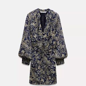ZARA Navy Paisley Print Long Sleeved Mini Dress